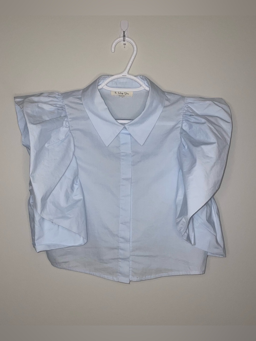 The Vintage Shop Blue M Button Up Flutter Sleeve Preppy Fun Crop Top